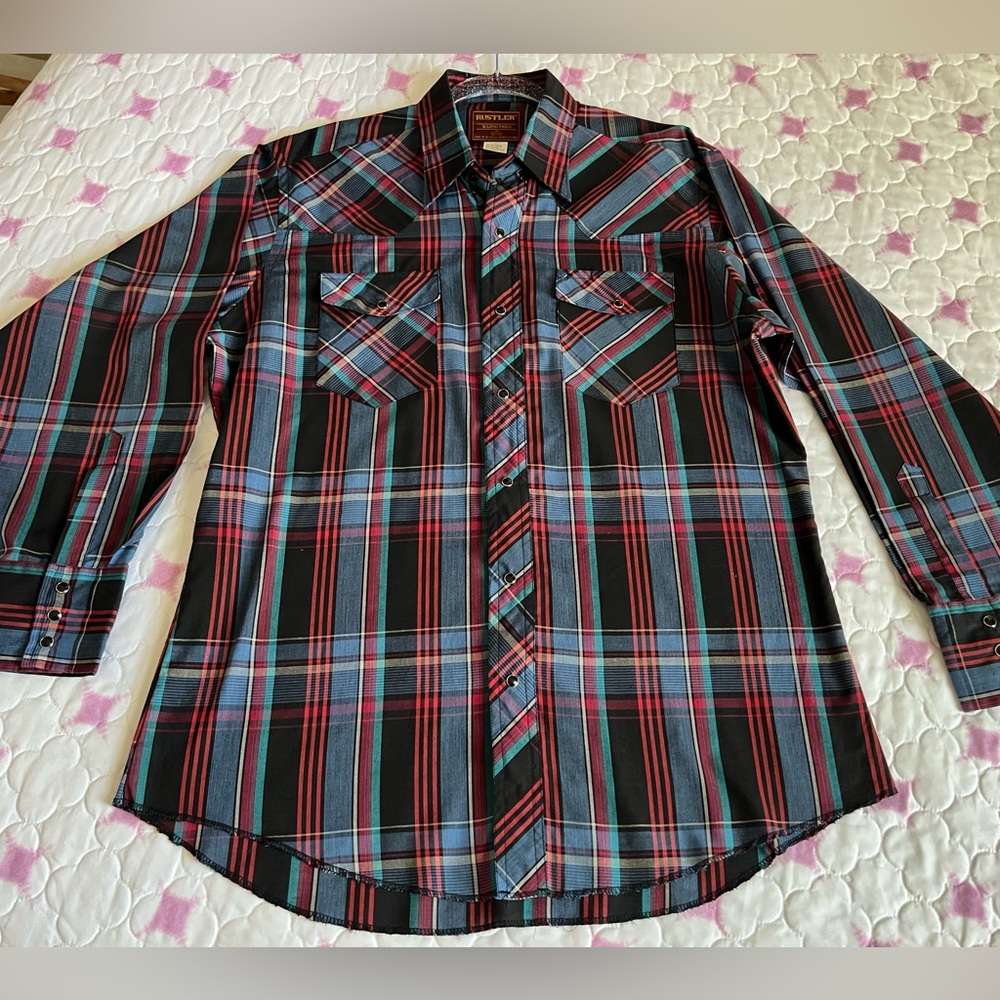 VTG Rustler Men's Multicolor Western Plaid Snap Shirt Neck 16 Sleeves 32/33